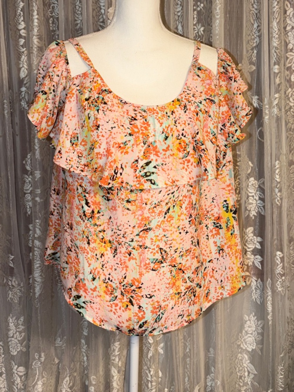 Multi-Color Floral Ruffle Cold-Shoulder Blouse